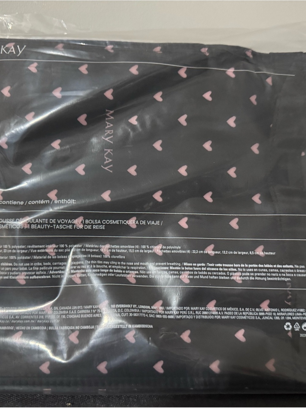 Mary Kay Black Cosmetic Pouch with Pink Heart Pattern